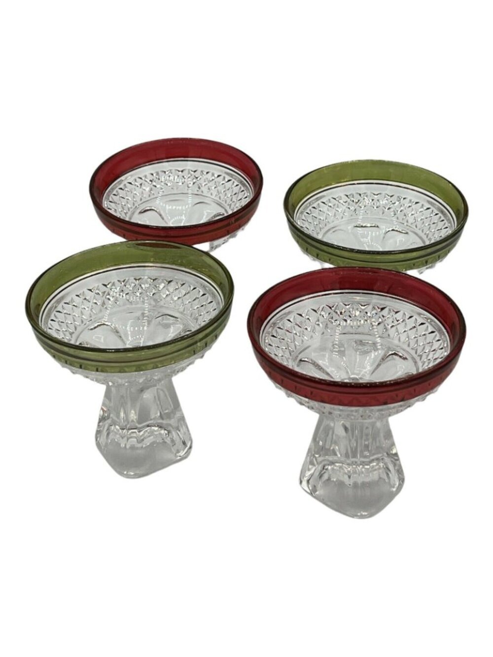 Clear Glass Sherbet Cups Red Green Rim Pedestal Dessert Bowls Set - Picture 2 of 9